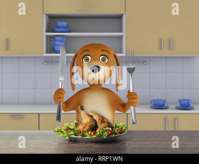 Hungry cartoon dog with bowl holds a knife and fork. 3d render Stock Photo