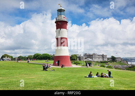 2 June 2018: Devon, UK - Smeaton's Tower is the third Eddystone Lighthouse, built by John Smeaton, which was dismantled and rebuilt on Plymouth Hoe as Stock Photo