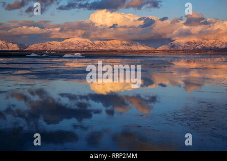 North America, USA, American,  Utah, Great Salt Lake, Antelope Island, State Park, Wasatch mountain range in winter Stock Photo