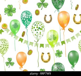 Vector seamless pattern with St. Patricks day illustrations. Seamless pattern with clover leaves, coins, inflated balls, garland of flags, horseshoe o Stock Vector