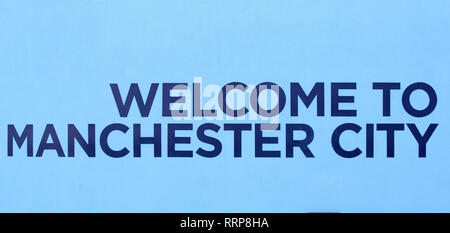 Welcome to Manchester City sign on a wall at The Etihad Stadium, Manchester. Stock Photo