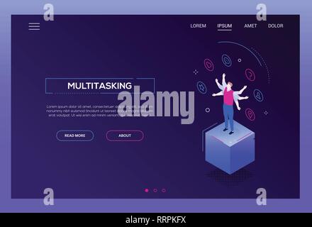 Multitasking concept - modern isometric vector website header Stock Vector