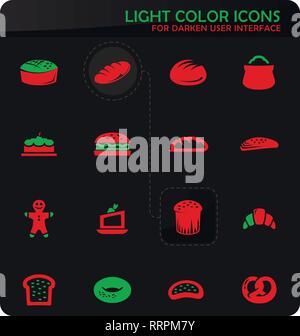 Bakery products easy color vector icons on darken background for user ...