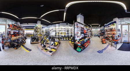 360 degree panoramic view of MINSK, BELARUS - APRIL, 2017: full seamless spherical panorama 360 angle degrees view in interior luxury vacuum cleaner store Karcher and garden acces