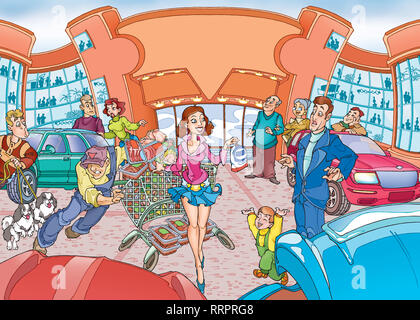 In the illustration is a large supermarket building, against which people make purchases of goods. The woman bought a lot of products Stock Photo
