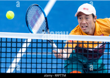 Dubai, UAE. 26th February, 2019. Kei Nishikori of Japan watches the ball in the first round match against Benoit Paire of France during the Dubai Duty Free Tennis Championship at the Dubai International Tennis Stadium, Dubai, UAE on  26 February 2019. Photo by Grant Winter. Credit: UK Sports Pics Ltd/Alamy Live News Stock Photo