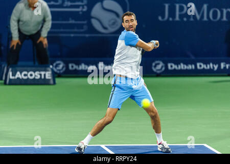 Dubai, UAE. 26th Feb, 2019. Marin Cilic of Croatia in the first round match against Gael Monfils of France during the Dubai Duty Free Tennis Championship at the Dubai International Tennis Stadium, Dubai, UAE on  26 February 2019. Photo by Grant Winter. Credit: UK Sports Pics Ltd/Alamy Live News Stock Photo