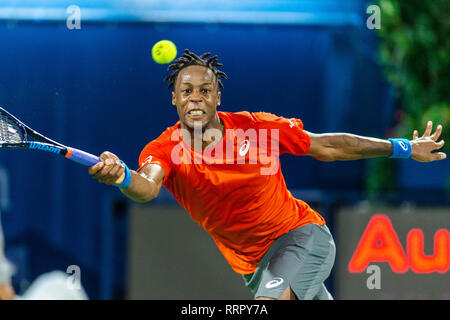 Dubai, UAE. 26th Feb, 2019. Gael Monfils of France stretches for the ball in the first round match against Marin Cilic of Croatia during the Dubai Duty Free Tennis Championship at the Dubai International Tennis Stadium, Dubai, UAE on 26 February 2019. Photo by Grant Winter. Credit: UK Sports Pics Ltd/Alamy Live News Stock Photo