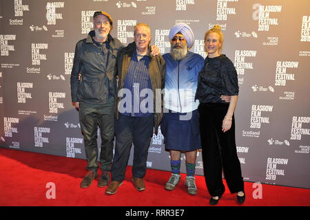Glasgow, UK. 26th Feb, 2019. (left - right) Charlie Paul - Director; Peter Howson - Artist; Hardeep Singh Kohli - Presenter; unknown, seen on the red carpet at the Premier of the film, Prophecy, at the Glasgow Film Theater. Credit: Colin Fisher/Alamy Live News Stock Photo