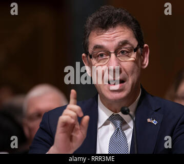 Washington, United States Of America. 26th Feb, 2019. Albert Bourla, DVM, Ph.D., Chief Executive Officer of Pfizer appears before the Senate Committee on Finance for a hearing on prescription drug pricing on Capitol Hill in Washington, DC, February 26, 2019. Credit: Chris Kleponis/CNP | usage worldwide Credit: dpa/Alamy Live News