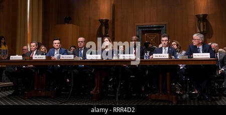 Richard A. Gonzalez, Chairman and Chief Executive Officer, AbbVie Inc. (L), Pascal Soriot, Executive Director and Chief Executive Officer, AstraZeneca(2nd L), Giovanni Caforio, M.D., Chairman of the Board and Chief Executive Officer, Bristol-Myers Squibb Co. (3rd L) Jennifer Taubert, Executive Vice President, Worldwide Chairman, Janssen Pharmaceuticals Johnson & Johnson (C), Kenneth C. Frazier, Chairman and Chief Executive Officer, Merck & Co., Inc. (3rd R), Albert Bourla, DVM, Ph.D. Chief Executive Officer, Pfizer(2nd R) and Olivier Brandicourt, M.D., Chief Executive Officer Sanofi (R) appear Stock Photo