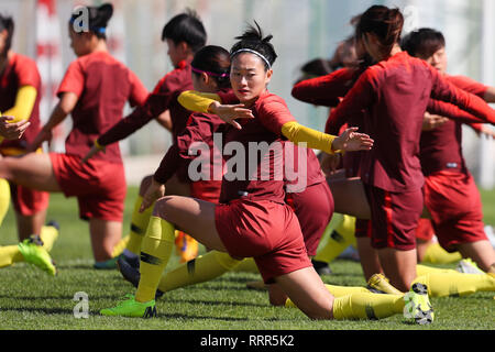Albufeira, Feb. 26. 6th Mar, 2019. Chinese women's soccer player Wu Haiyan takes part in a training session in Albufeira, Portugal, Feb. 26, 2019. The 2019 Algarve Cup will be held in Algarve of Portugal from Feb. 27 to March 6, 2019. Chinese women's soccer team will face their first opponent the Norwegian team on March 1. Credit: Zheng Huansong/Xinhua/Alamy Live News Stock Photo