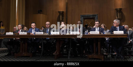 February 26, 2019 - Washington, District of Columbia, U.S. - Richard A. Gonzalez, Chairman and Chief Executive Officer, AbbVie Inc. (L), Pascal Soriot, Executive Director and Chief Executive Officer, AstraZeneca(2nd L), Giovanni Caforio, M.D., Chairman of the Board and Chief Executive Officer, Bristol-Myers Squibb Co. (3rd L) Jennifer Taubert, Executive Vice President, Worldwide Chairman, Janssen Pharmaceuticals Johnson & Johnson.(C), Kenneth C. Frazier, Chairman and Chief Executive Officer, Merck & Co., Inc. (3rd R), Albert Bourla, DVM, Ph.D. Chief Executive Officer, Pfizer(2nd R) and Olivier Stock Photo