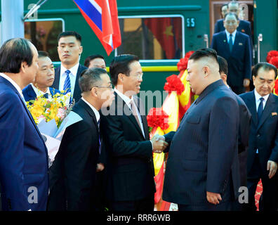 Beijing, China. 27th Feb, 2019. In this photo provided by Vietnam News Agency, top leader of the Democratic People's Republic of Korea (DPRK) Kim Jong Un (R F) arrives at Dong Dang railway station in Lang Son Province, Vietnam, on Feb. 26, 2019. Kim arrived in Vietnam Tuesday morning by train for his first official visit to the country and the second summit with U.S. President Donald Trump, Vietnam News Agency reported. Credit: Xinhua/Alamy Live News Stock Photo