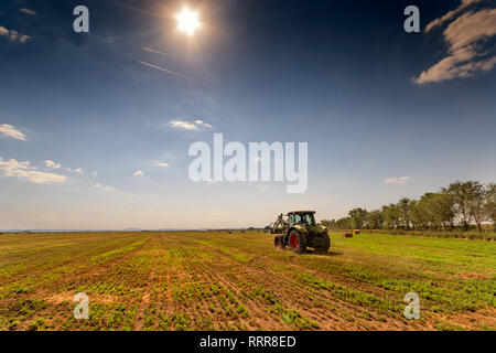 Hay bales and tractor in the field in countryside after harvest in summer Stock Photo