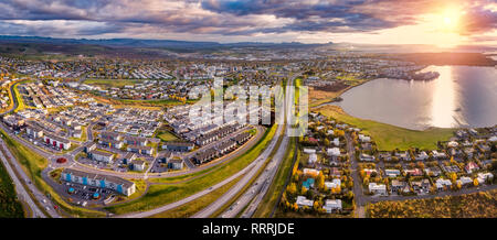 Aerial-Suburbs of Reykjavik in the Autumn, Iceland Stock Photo