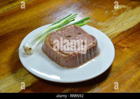 dog premium wet food and spring onion on dish Stock Photo