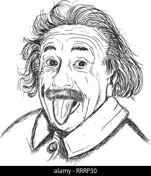 Albert Einstein iconic tongue portrait in line art Stock Vector