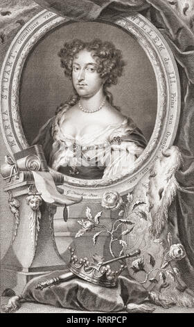 Mary II, 1662 – 1694.  Queen of England, Scotland, and Ireland.  She co-reigned with her husband, King William II and III.  From the 1813 edition of The Heads of Illustrious Persons of Great Britain, Engraved by Mr. Houbraken and Mr. Vertue With Their Lives and Characters. Stock Photo