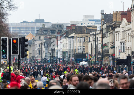 Rugby supporters ahead of the Six Nations Championship match between Wales and England at Principality Stadium in Cardiff on February 23rd. Stock Photo