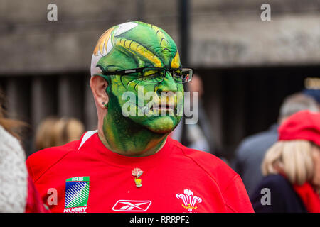 Rugby supporter's face painted with the welsh dragon ahead of the Six Nations Championship between Wales and England on 23 February 2019. Cardiff, UK. Stock Photo