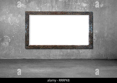 Blank white board with old dirty wooden frame on concrete wall Stock Photo