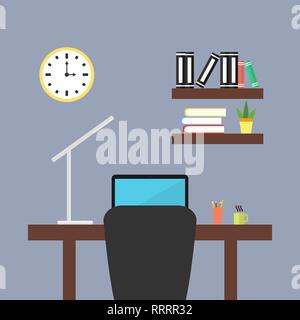 A desktop with a laptop and a desk lamp in the office. Stock Vector