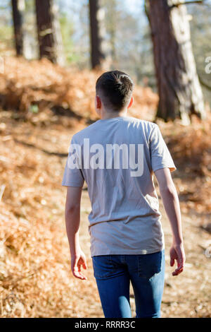 Teenage caucasian boy walking away through woodland on a warm spring day looking over his shoulder Stock Photo