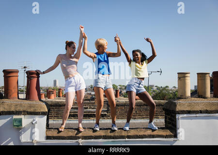 Carefree young women friends dancing on sunny summer rooftop Stock Photo