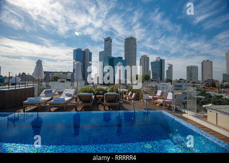 Tel Aviv's skyline from the rooftop swimming pool of The Norman, boutique hotel, Israel Stock Photo