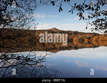 Burrator Reservoir is a reservoir on the south side of Dartmoor in the english county of Devon. This shot is taken looking at Sheep’s Tor. Stock Photo