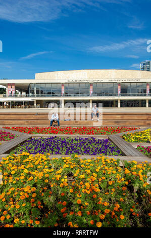 Colourful flower garden at HaBima square, Tel Aviv. In the background, Charles Bronfman Auditorium Stock Photo