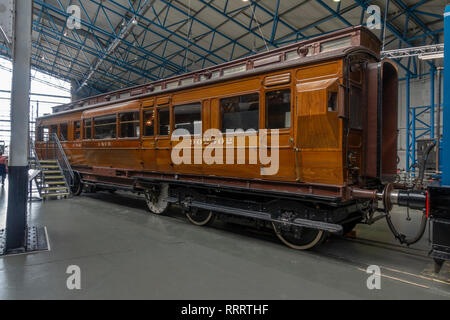 A North Eastern Railway Dynamometer car from 1906 on display in the National Railway Museum, York, UK. (See notes) Stock Photo