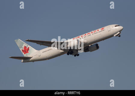 Air Canada Boeing 767 jet airliner plane C-GLCA taking off from London Heathrow Airport, UK. Airline flight departure Stock Photo