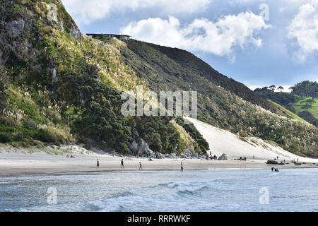 Sandy beach with oceanic surf and steep cliffs right behind it in New Zealand Northland. Stock Photo