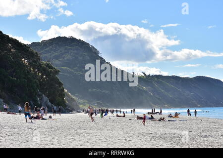 Crowds of people enjoying sunny day on flat sandy Pacific Ocean beach in Mangawhai Heads with steep hills in background. Stock Photo