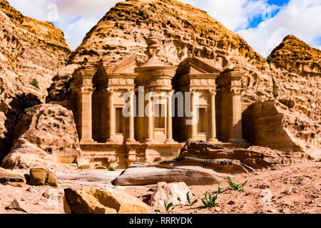(selective focus) Stunning view of the Ad Deir - Monastery in the ancient city of Petra. Stock Photo