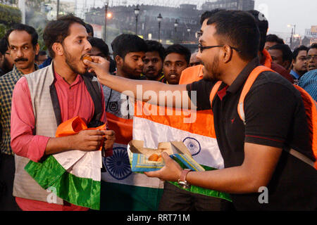 Kolkata, India. 26th Feb, 2019. Akhil Bharatiya Vidyarthi Parishad or ABVP activists celebrate India's major preemptive strike on Jaish e Mohammed camp. Credit: Saikat Paul/Pacific Press/Alamy Live News Stock Photo