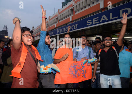 Kolkata, India. 26th Feb, 2019. Akhil Bharatiya Vidyarthi Parishad or ABVP activists celebrate India's major preemptive strike on Jaish e Mohammed camp. Credit: Saikat Paul/Pacific Press/Alamy Live News Stock Photo