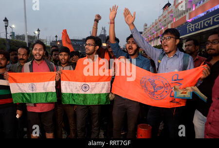 Kolkata, India. 26th Feb, 2019. Akhil Bharatiya Vidyarthi Parishad or ABVP activists celebrate India's major preemptive strike on Jaish e Mohammed camp. Credit: Saikat Paul/Pacific Press/Alamy Live News Stock Photo