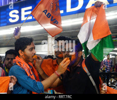 Kolkata, India. 26th Feb, 2019. Akhil Bharatiya Vidyarthi Parishad or ABVP activists celebrate India's major preemptive strike on Jaish e Mohammed camp. Credit: Saikat Paul/Pacific Press/Alamy Live News Stock Photo