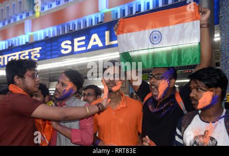 Kolkata, India. 26th Feb, 2019. Akhil Bharatiya Vidyarthi Parishad or ABVP activists celebrate India's major preemptive strike on Jaish e Mohammed camp. Credit: Saikat Paul/Pacific Press/Alamy Live News Stock Photo