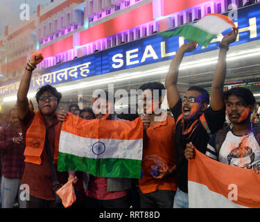 Kolkata, India. 26th Feb, 2019. Akhil Bharatiya Vidyarthi Parishad or ABVP activists celebrate India's major preemptive strike on Jaish e Mohammed camp. Credit: Saikat Paul/Pacific Press/Alamy Live News Stock Photo