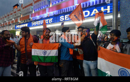 Kolkata, India. 26th Feb, 2019. Akhil Bharatiya Vidyarthi Parishad or ABVP activists celebrate India's major preemptive strike on Jaish e Mohammed camp. Credit: Saikat Paul/Pacific Press/Alamy Live News Stock Photo