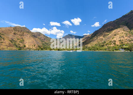 Shore of Santa Cruz la Laguna at Lake Atitlan in vulcano landscape of Guatemala Stock Photo