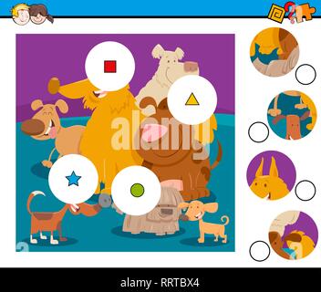 Cartoon Illustration of Educational Match the Pieces Jigsaw Puzzle Game for Children with Funy Dogs Stock Vector