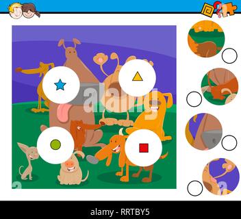 Cartoon Illustration of Educational Match the Pieces Jigsaw Puzzle Game for Children with Happy Dogs Stock Vector