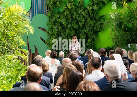 U.S First Lady Melania Trump during the unveiling of the new Morton and Linda Bouchard Healing Garden at the Nicklaus Children's Hospital February 18, 2019 in Miami, Florida. Stock Photo