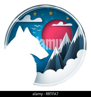Origami wolf. Cartoon paper landscape. Stock Vector