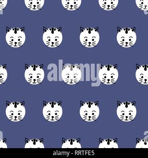 Kids polka dot cats seamless vector background. Cute kitty faces pattern black and white on blue. Geometric fun kids design. Use for fabric, kids decor, gift wrap, packaging, digital paper, cards Stock Vector